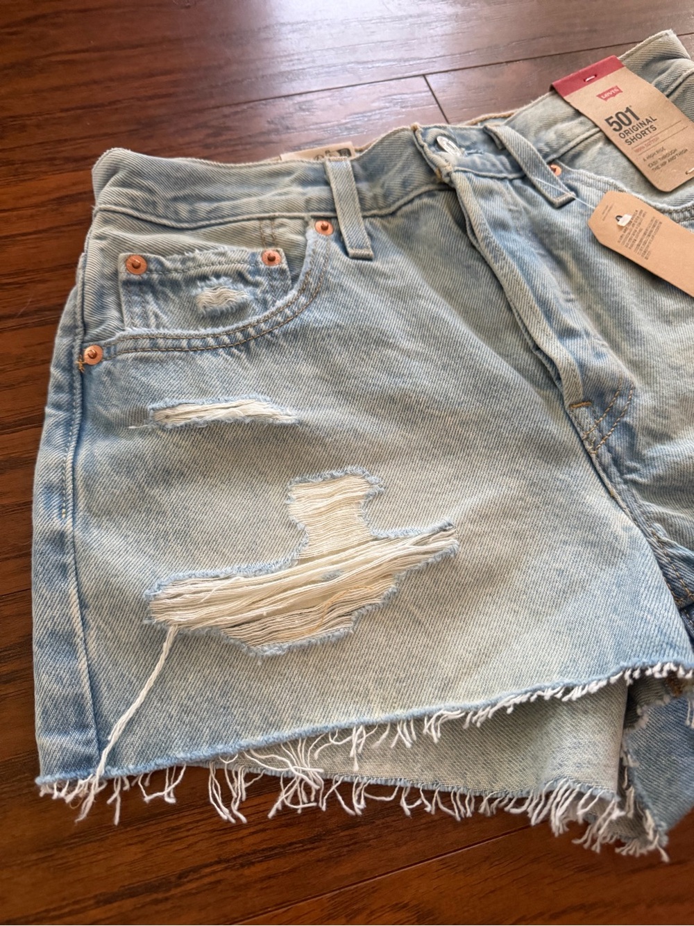 New / Tags Levi's 501 Light Blue Distressed Denim Shorts - Picture 3 of 7